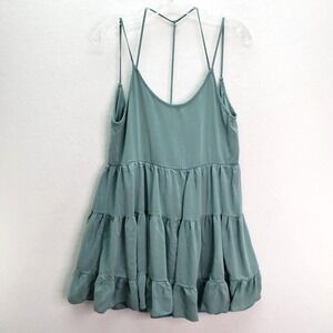 LuLus Tiered Mini‎ Dress Womens Medium Sage Green Spaghetti Strap Cottage Boho